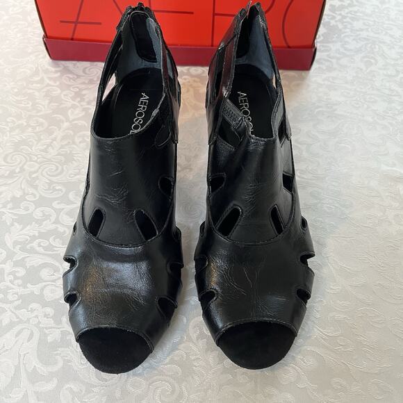 Aerosoles 7.5 Fax Haven Black Leather Casual Heeled Open Toe Sandals 3" - Picture 2 of 7